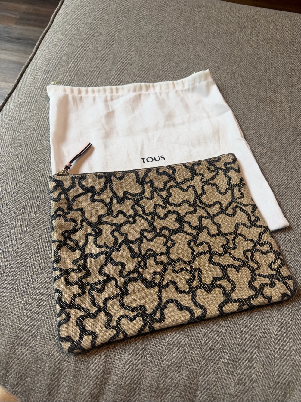 Tous Beige Canvas Zip Pouch with Black Abstract Print